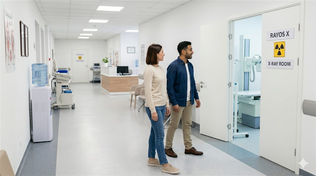 Personas caminando por un centro sanitario
